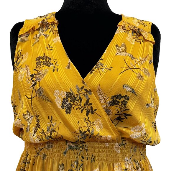 Maggy London Faux Wrap Midi Dress — Yellow Gold Bird Floral Print — Size 14 - Picture 4 of 9